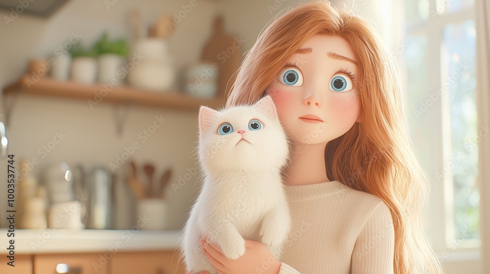 Girl holding a fluffy white cat in a cozy kitchen. Girl holding a fluffy white cat in a cozy kitchen.