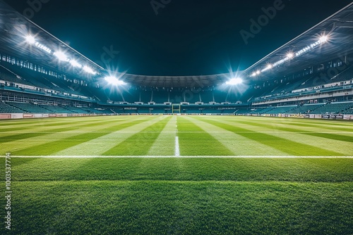 Empty soccer stadium at night with bright lights.