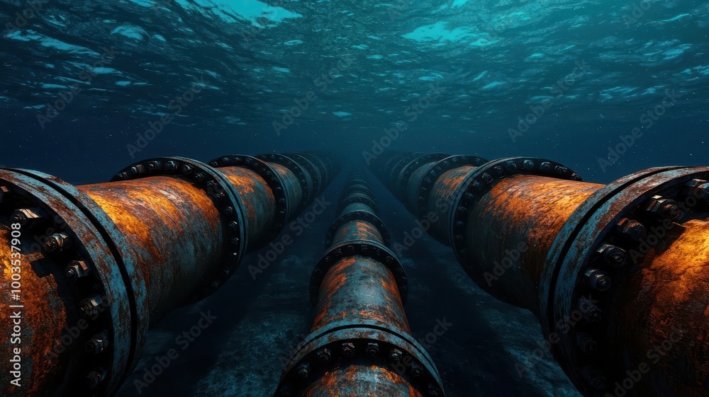 Underwater gas transportation system, with interconnected pipelines and deep sea engineering, representing industrial strength and reliability Underwater gas transportation system, with interconnected pipelines and deep sea engineering, representing industrial strength and reliability