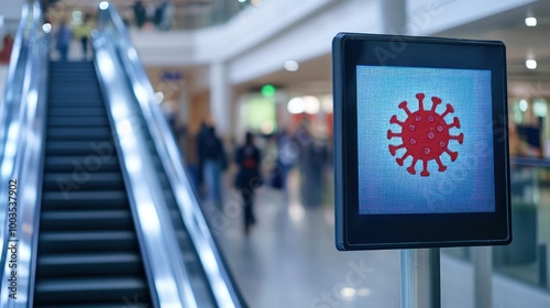 Digital display showing a COVID-19 symbol near an escalator in a public space.