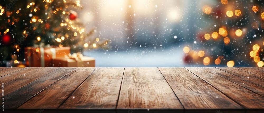 Empty wooden table top with warm living room decor, christmas tree, string lights, and snowy background - holiday backdrop for product display mockup Empty wooden table top with warm living room decor, christmas tree, string lights, and snowy background - holiday backdrop for product display mockup