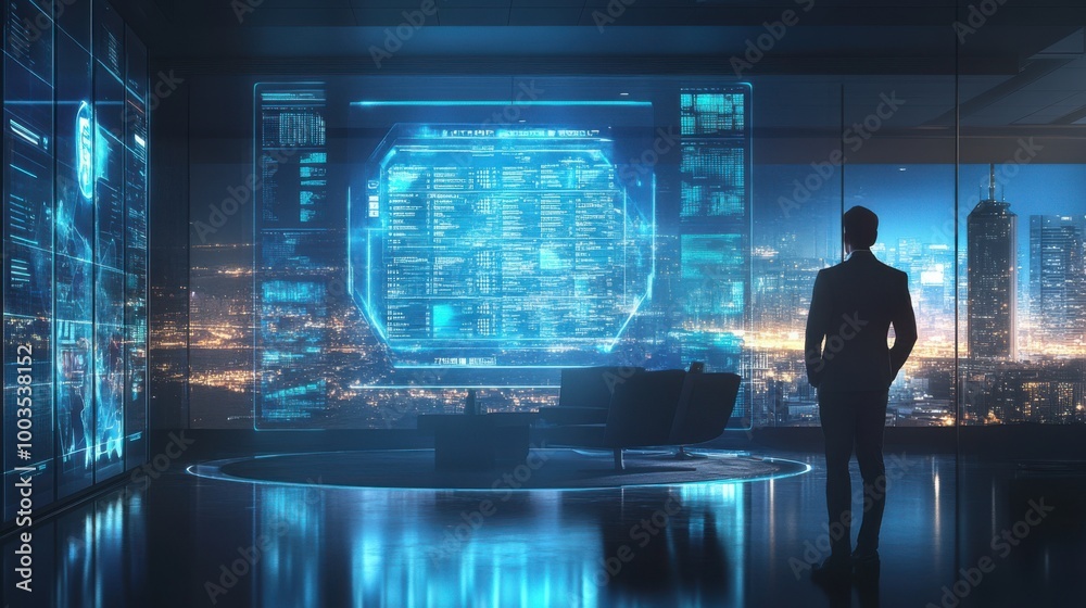 Corporate executive using a futuristic holographic calendar to organize meetings and