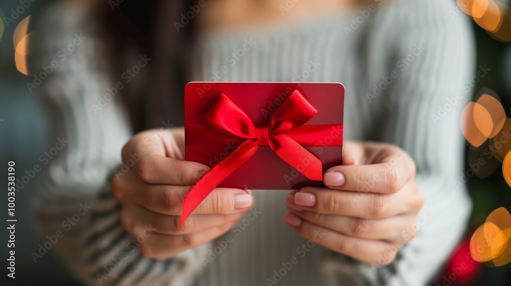 Hands holding a red Christmas gift card with a bow in a cozy setting Hands holding a red Christmas gift card with a bow in a cozy setting