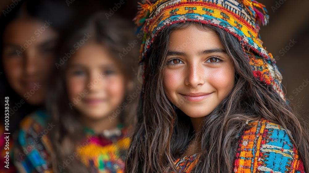 A smiling girl in colorful traditional attire, surrounded by friends, showcasing cultural heritage. A smiling girl in colorful traditional attire, surrounded by friends, showcasing cultural heritage.