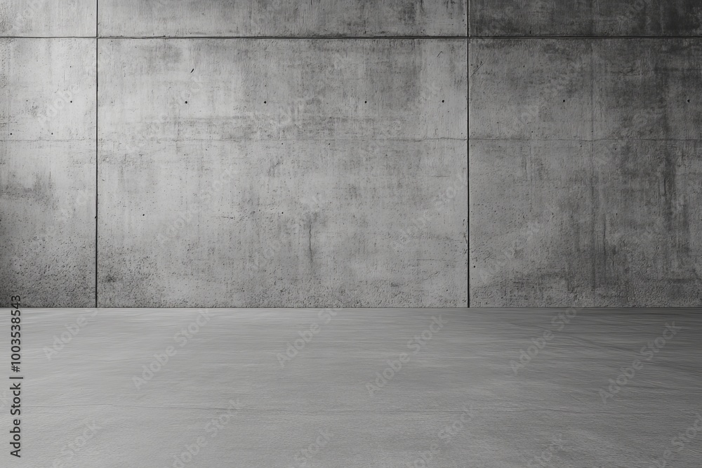 A plain, gray concrete wall with a smooth floor in front of it. A plain, gray concrete wall with a smooth floor in front of it.