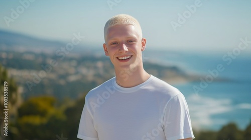 Young Israeli Albino Man Smiling Outdoors by the Beach, Stock Photography for Diversity and Inclusivity Themes photo