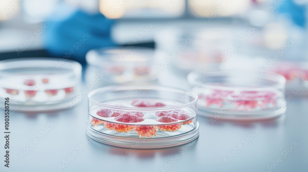 Petri dishes with red samples on lab table, blue gloves in background. Petri dishes with red samples on lab table, blue gloves in background.
