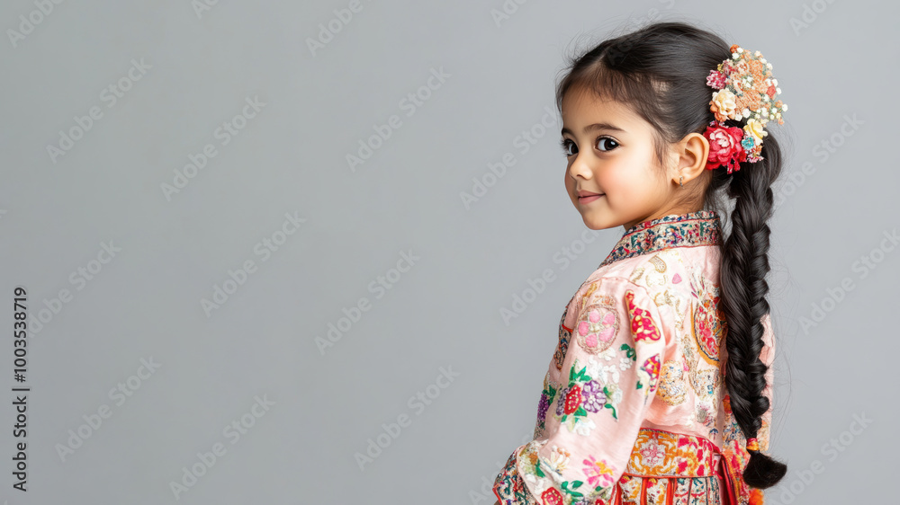 Japanese little girl wearing moroccan kaftan isolated on gray Japanese little girl wearing moroccan kaftan isolated on gray