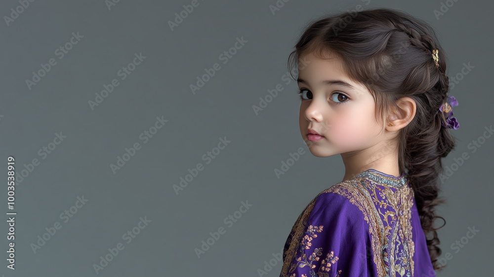 Malay little girl wearing moroccan kaftan isolated on gray Malay little girl wearing moroccan kaftan isolated on gray