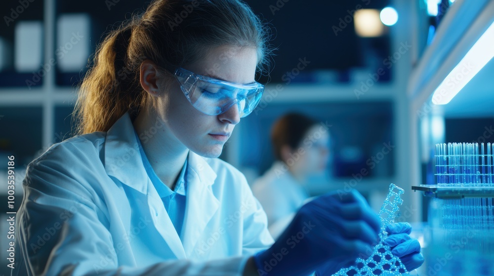 Scientist working in a laboratory with test tubes and equipment. Scientist working in a laboratory with test tubes and equipment.