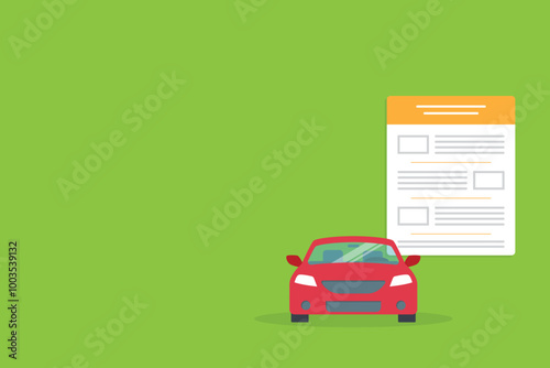 Car insurance document, report. Paper agreement or loan for approved with automobile icon, vehicle financial, car dealership legal deal.	