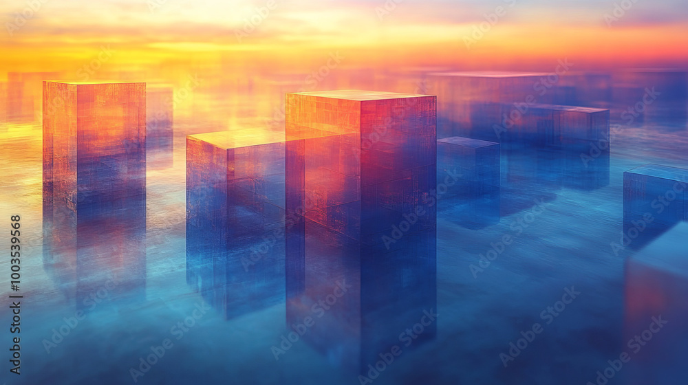 Abstract geometric shapes in water with a colorful sunset. Abstract geometric shapes in water with a colorful sunset.