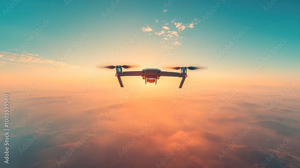 A drone flying high against a bright, clear sky, capturing the expanse of the landscape below A drone flying high against a bright, clear sky, capturing the expanse of the landscape below