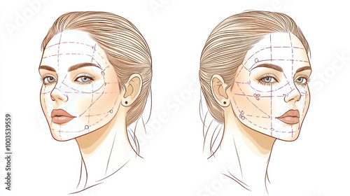 Illustrasi wajah dengan garis panduan untuk analisis atau perawatan kecantikan. photo