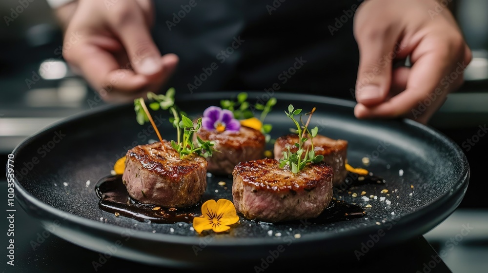 Chef displaying perfectly cooked veal medallions, beautifully arranged with fresh herbs, sauce accents, and a small flower on a black plate. Chef displaying perfectly cooked veal medallions, beautifully arranged with fresh herbs, sauce accents, and a small flower on a black plate.