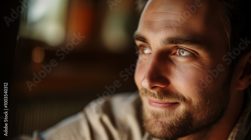 A man with a beard and a smile is looking out the window