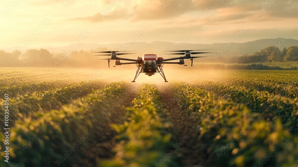 Advanced agricultural drone disperses fertilizers over a vast farmland, optimizing crop yield Advanced agricultural drone disperses fertilizers over a vast farmland, optimizing crop yield