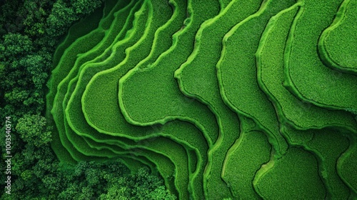 Aerial view of a drone flying above terraced rice paddies, with vibrant green hues