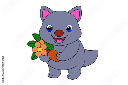 Wombat Holding a Bouquet of Flowers with a Big Smile Animal Clipart Vector Illustration