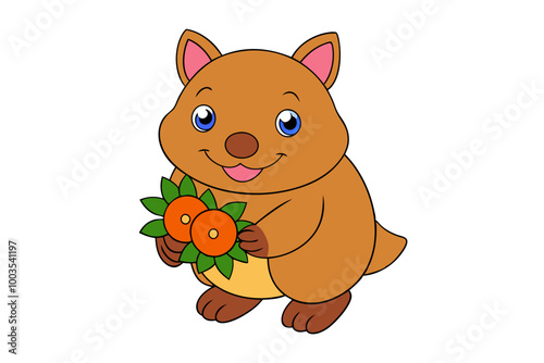 Wombat Holding a Bouquet of Flowers with a Big Smile Animal Clipart Vector Illustration