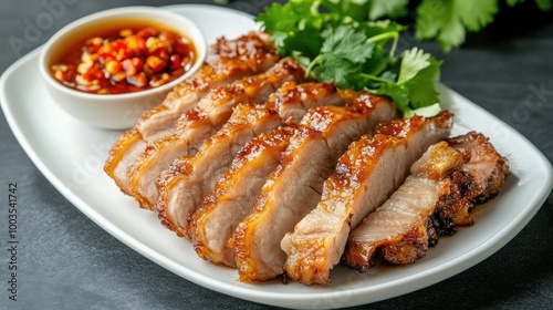 Crispy pork slices served with a side of fish sauce and chopped chili, beautifully arranged on a white plate for a delicious Thai meal.