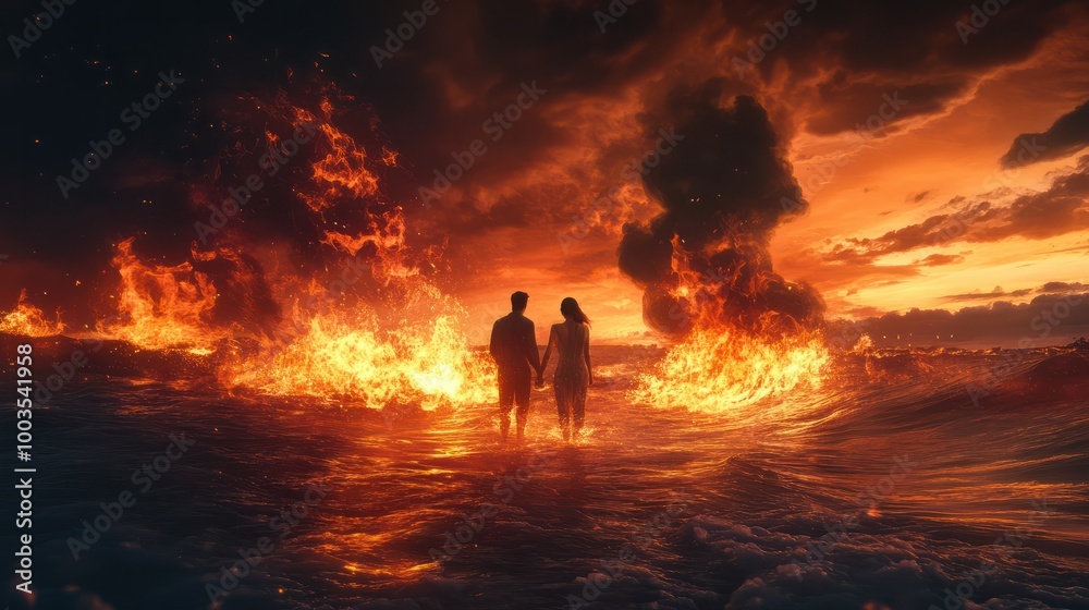 A couple is standing in the ocean, surrounded by flames A couple is standing in the ocean, surrounded by flames