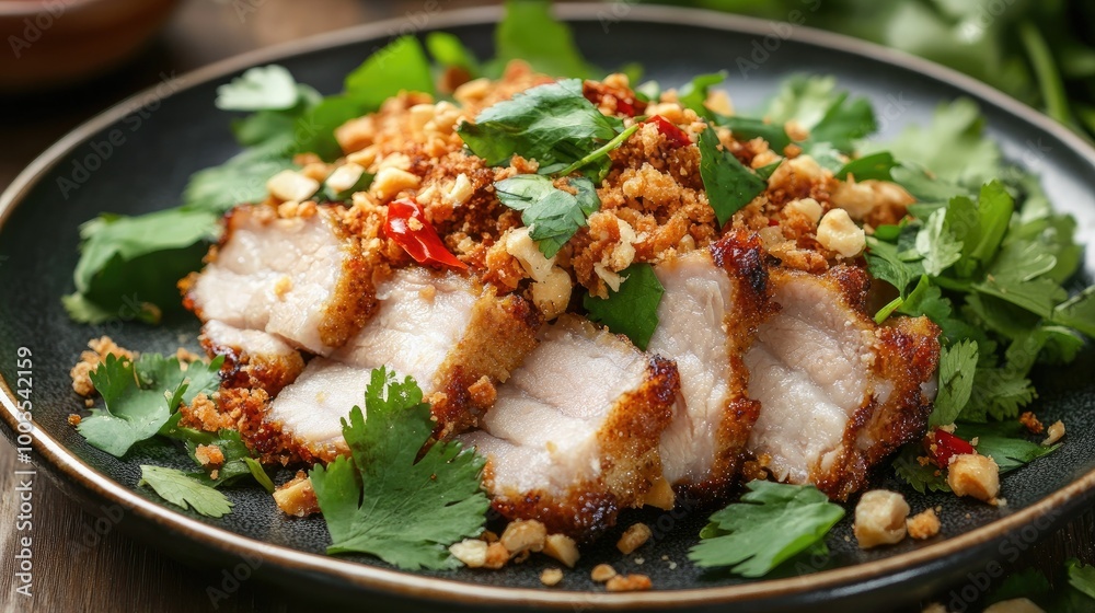 Crispy pork slices with fish sauce and chopped chili on a plate, surrounded by fresh herbs, creating a vibrant, flavorful Thai dish. Crispy pork slices with fish sauce and chopped chili on a plate, surrounded by fresh herbs, creating a vibrant, flavorful Thai dish.