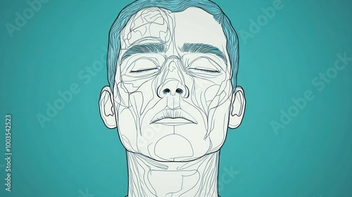 Illustration of a male face with anatomical lines highlighting facial structures. photo