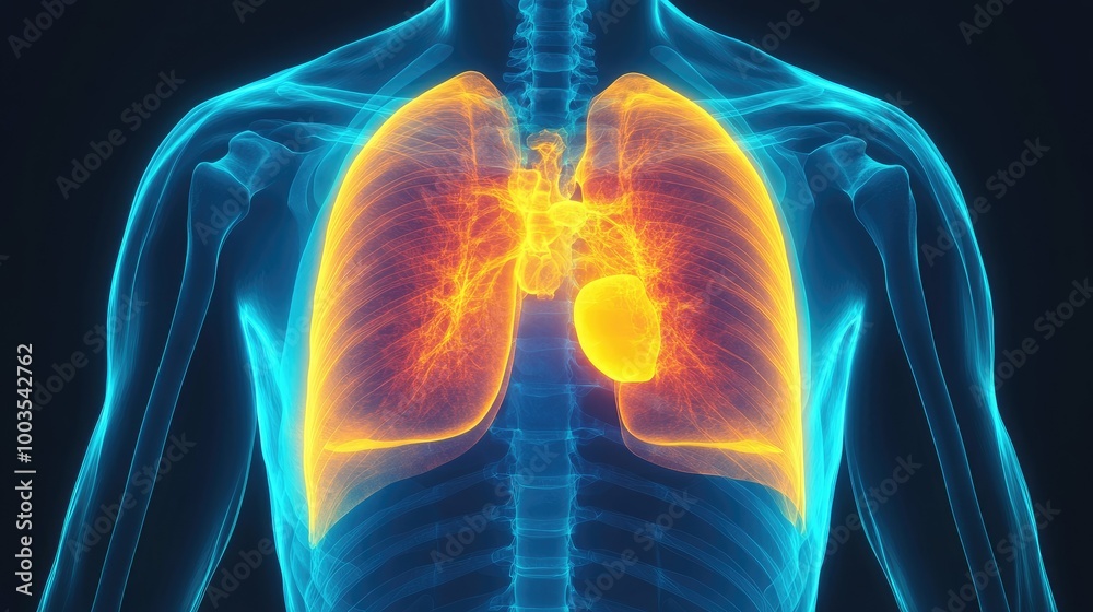 Detailed X-ray image of a human chest, highlighting bones and organs, designed for medical professionals in diagnostic radiology. Detailed X-ray image of a human chest, highlighting bones and organs, designed for medical professionals in diagnostic radiology.
