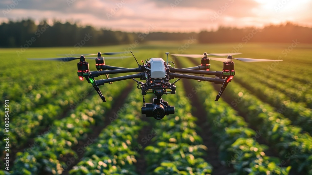 High-tech drone spraying a field, showcasing innovation in sustainable farming practices High-tech drone spraying a field, showcasing innovation in sustainable farming practices