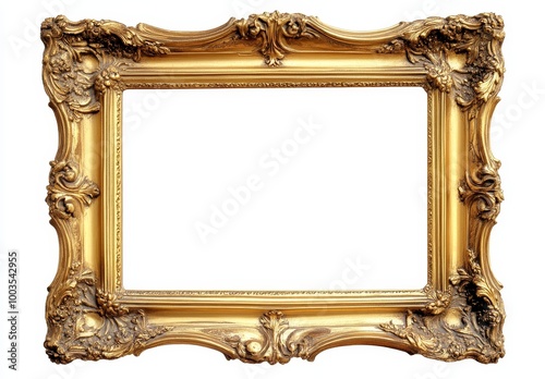 Ornate golden picture frame isolated on white background.