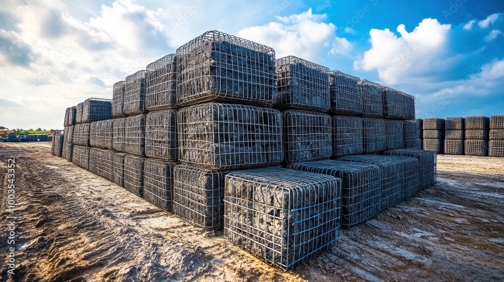 Large stacks of wire mesh piles at a construction site, ready to be deployed Large stacks of wire mesh piles at a construction site, ready to be deployed