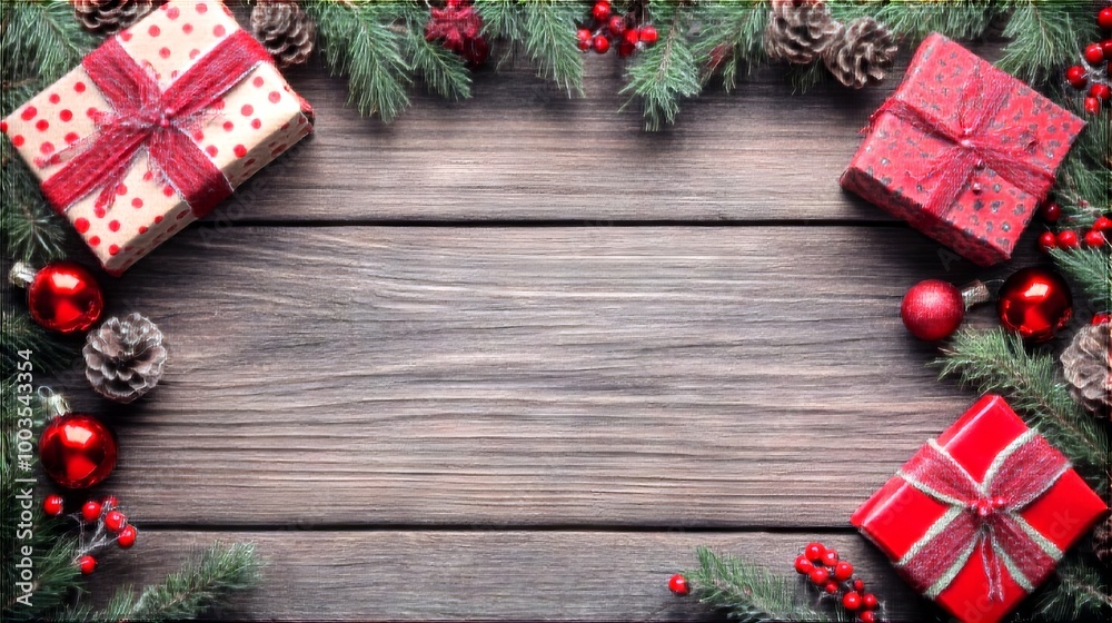 Festive christmas decorations on rustic wooden background with pine cones, ornaments, and twinkling lights Festive christmas decorations on rustic wooden background with pine cones, ornaments, and twinkling lights