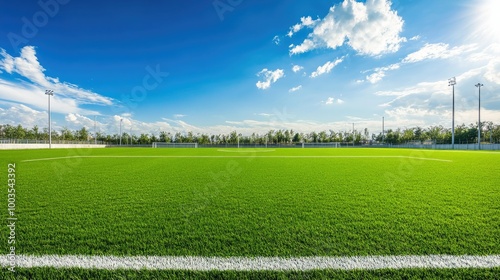 Empty football stadium with lush green soccer field and white boundary lines, with goalposts visible under a blue sky.