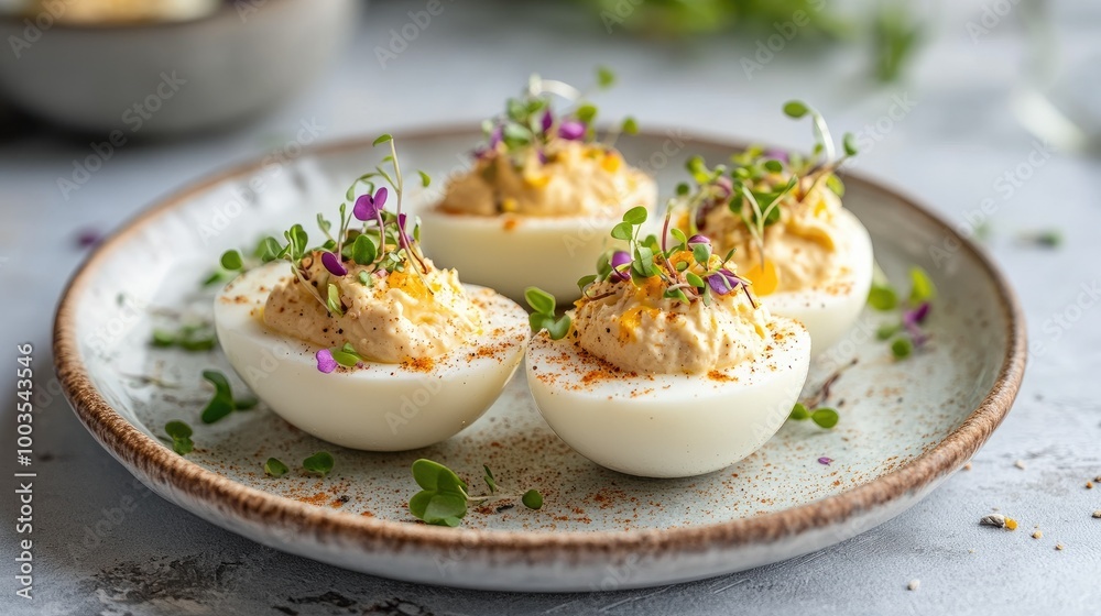 Festive deviled eggs garnished with mustard, cheese, and microgreens on a ceramic plate, ready for an Easter brunch. Festive deviled eggs garnished with mustard, cheese, and microgreens on a ceramic plate, ready for an Easter brunch.