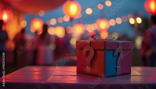 A box with a question mark on it sits on a table