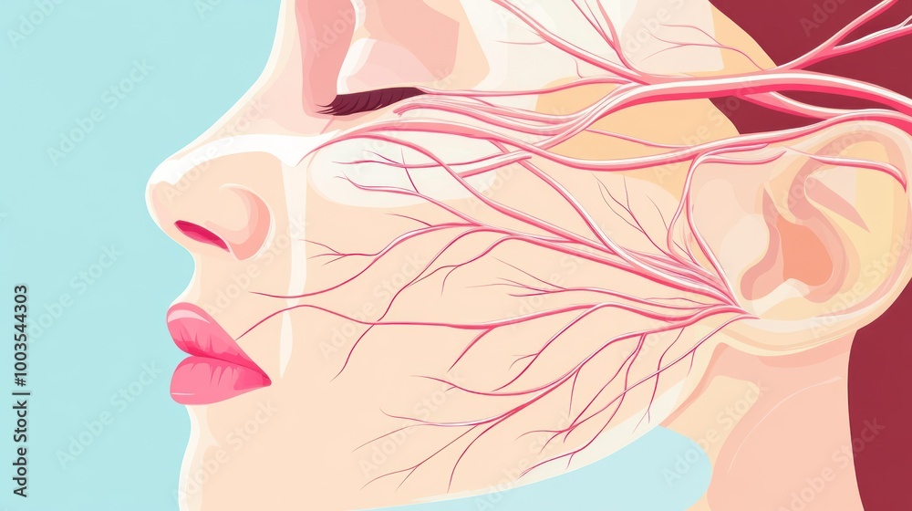 Illustration of facial anatomy highlighting nerves and blood vessels. Illustration of facial anatomy highlighting nerves and blood vessels.
