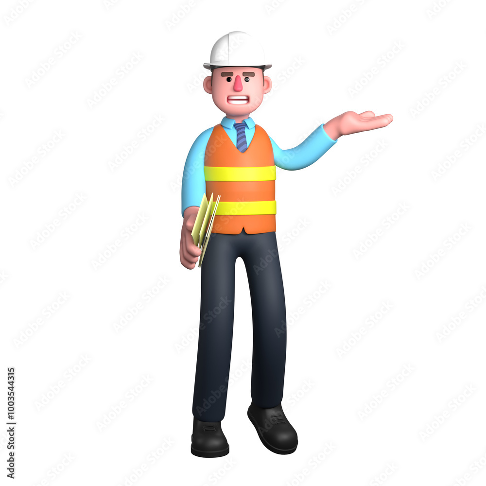 Professional 3D Male Design Architect. An Architect stands with his right hand carrying several sheets of paper while his left hand is raised upwards with the palm facing upwards. Cartoon Professional 3D Male Design Architect. An Architect stands with his right hand carrying several sheets of paper while his left hand is raised upwards with the palm facing upwards. Cartoon