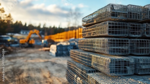 Stacks of wire mesh piles stored outdoors, with a construction project in the background