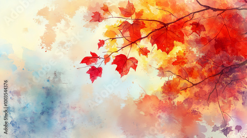 鮮やかな紅葉と秋の空・水彩アート風景イラスト