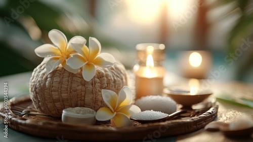 Thai herbal compress with beautiful frangipani flowers on a wicker tray. Mindfulness atmosphere. Towel, candle, salt spoon. Over tropical beach background. Health and wellness. Spa concept.Soft light.