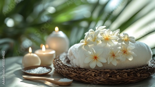 Thai herbal compress with beautiful frangipani flowers on a wicker tray. Mindfulness atmosphere. Towel, candle, salt spoon. Over tropical beach background. Health and wellness. Spa concept.Soft light.