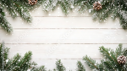 Festive christmas and new year background with snow-covered fir branches on white wooden board photo