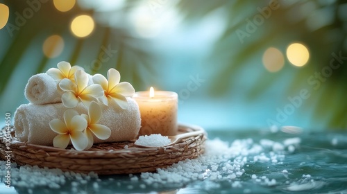 Thai herbal compress with beautiful frangipani flowers on a wicker tray. Mindfulness atmosphere. Towel, candle, salt spoon. Over tropical beach background. Health and wellness. Spa concept.Soft light.