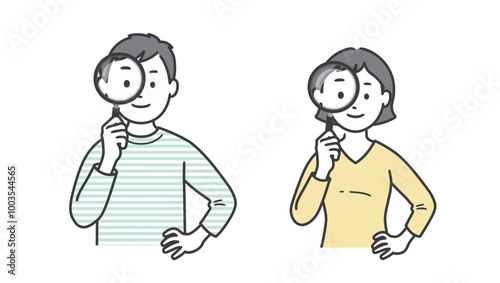 虫眼鏡を持つ成人男女の上半身イラスト
