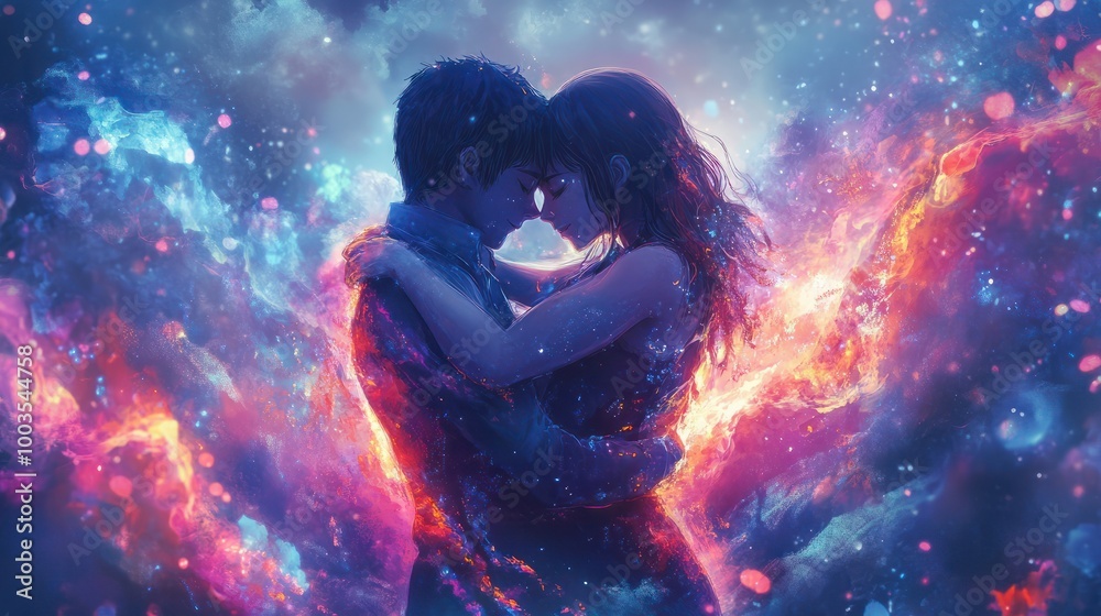 Obraz premium Anime couple hugging digital art, painting, anime, art, Graphics, backgrounds, anime characters, anime wallpapers, cartoon, couple, fantasy.Generative AI
