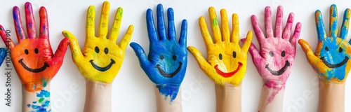 Six hands painted with bright colors and smiles.