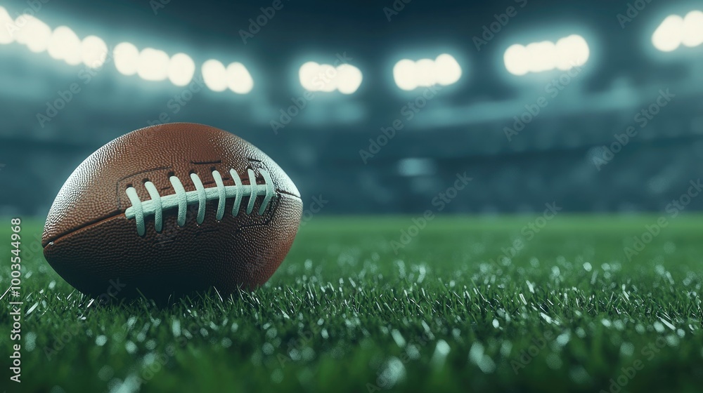 Football on a grassy field with stadium seating and floodlights visible in the background, captured in a sharp close-up for sports visuals. Football on a grassy field with stadium seating and floodlights visible in the background, captured in a sharp close-up for sports visuals.