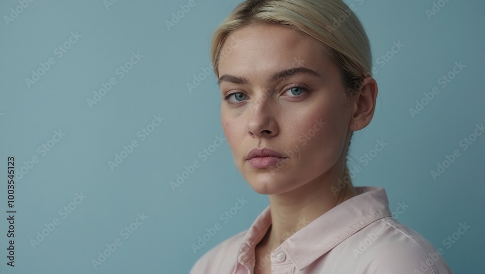 Person with short blonde hair sitting against light blue background, neutral expression Person with short blonde hair sitting against light blue background, neutral expression