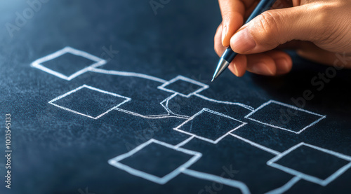 A consultant's hand drawing a flowchart on a blackboard, business flowchart, business strategy consulting. photo